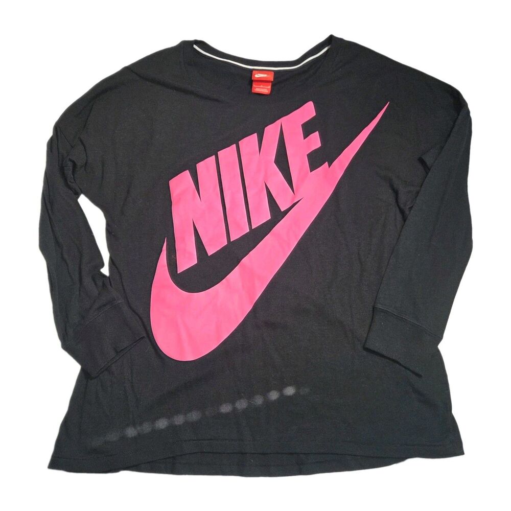 Nike Futura Big Logo Long Sleeve Shirt Womens L Black Hot Pink Swoosh Scoop